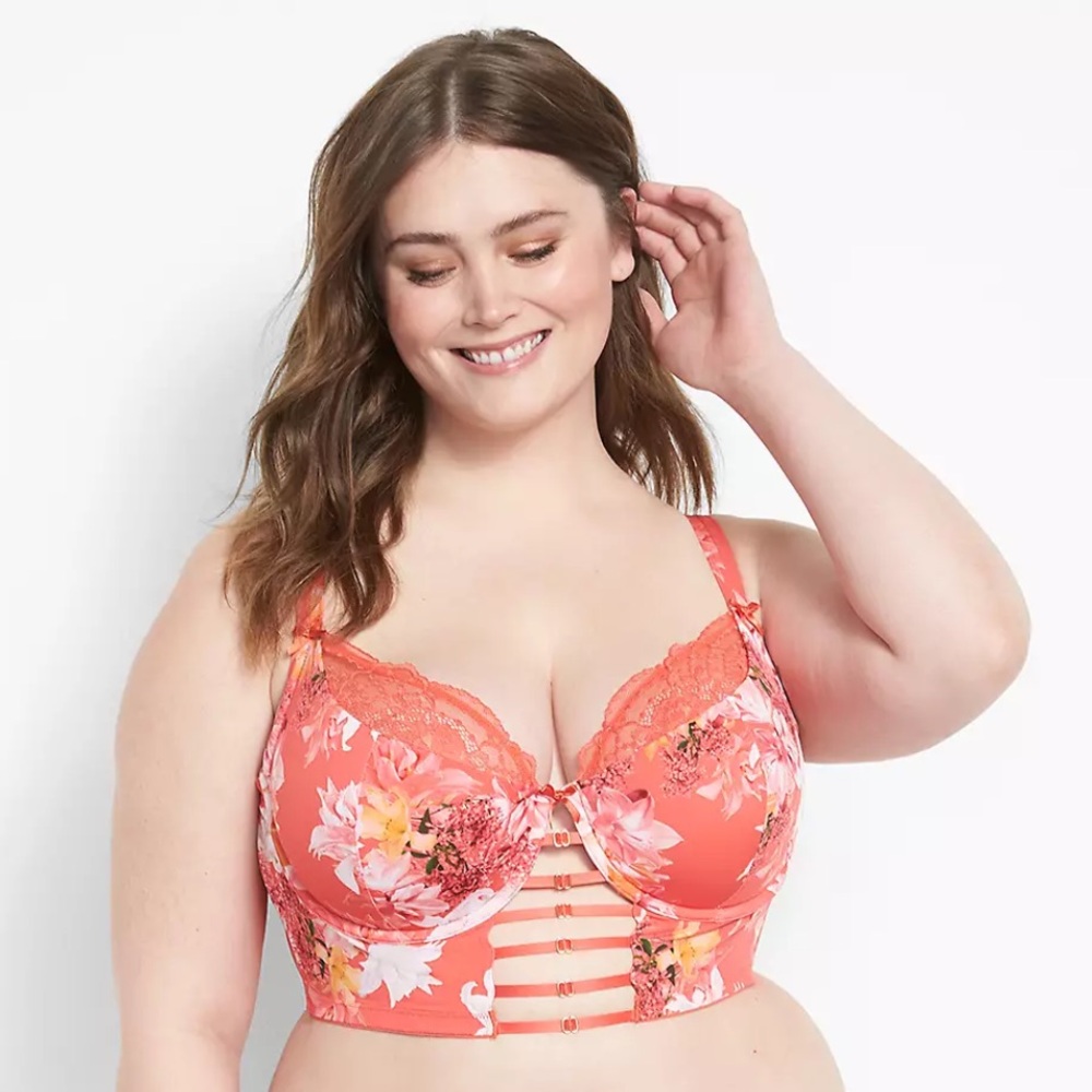 Lane Bryant Bra Women’s 44D Orange Lace Floral Longline Underwire Coral Strap A4